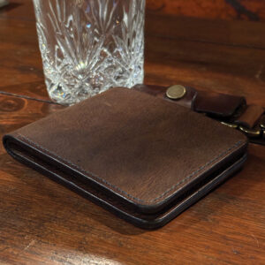 Dad Wallet in Siedel Crazy Horse rustic pull up leather, hand stitched and slim, holds cards and cash with ease; optional personalization for a thoughtful everyday gift.