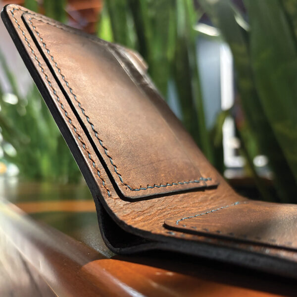 Dad Wallet in Siedel Crazy Horse rustic pull up leather, hand stitched and slim, holds cards and cash with ease; optional personalization for a thoughtful everyday gift.