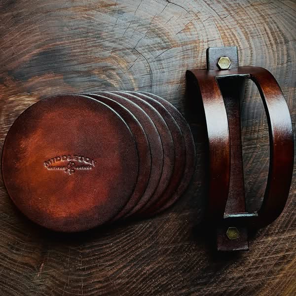 Hand-Dyed Leather Coaster Set with Holder